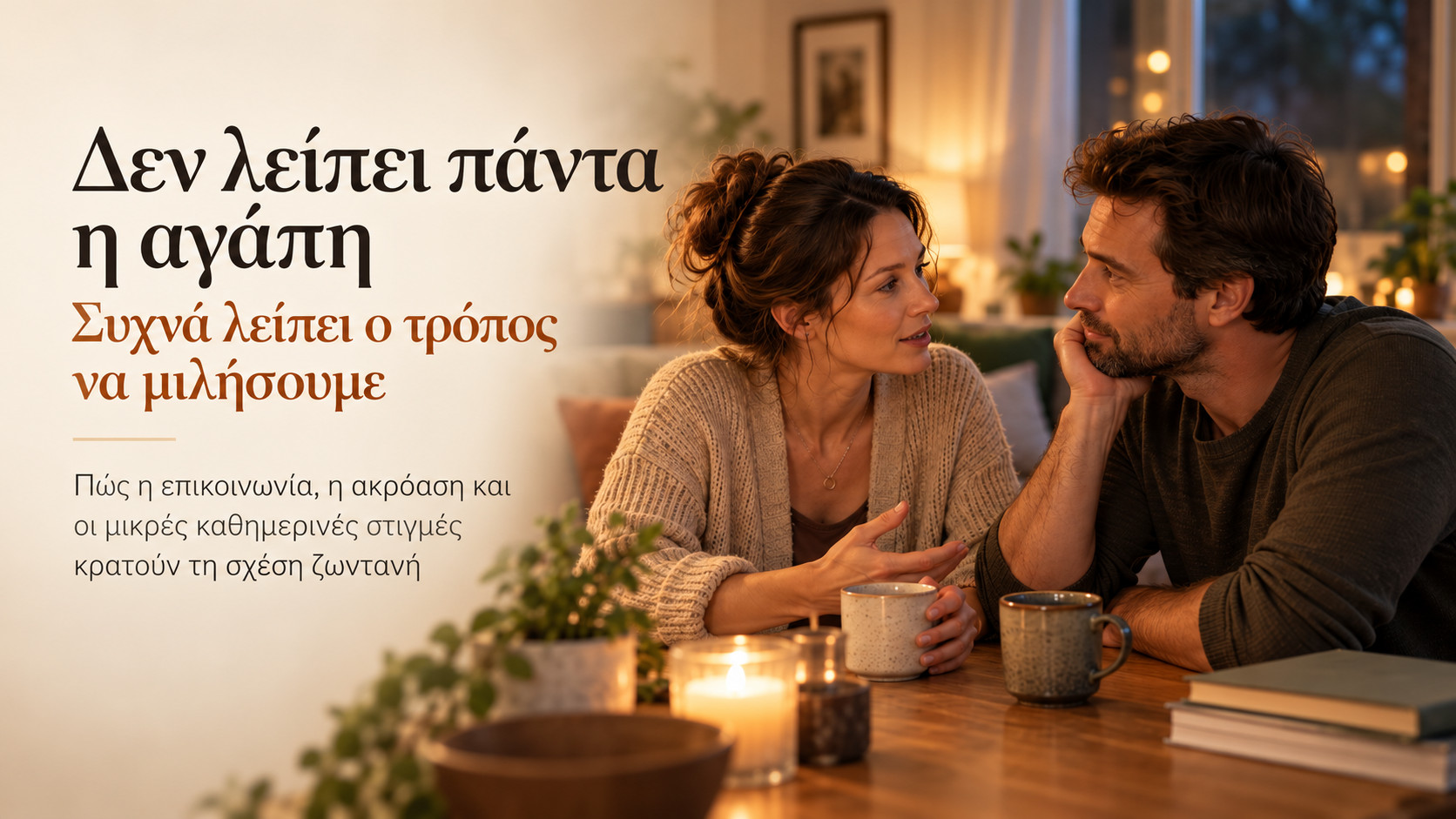 Ζευγάρι σε συζήτηση. Δεν λείπει πάντα η αγάπη. Συχνά λείπει ο τρόπος να μιλήσουμε. Πώς η επικοινωνία, η ακρόαση και οι μικρές καθημερινές στιγμές κρατούν τη σχέση ζωντανή.